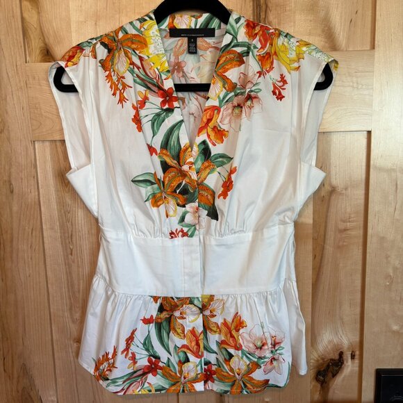 White House Black Market Short Sleeved Tie Waist Blouse S White Tiger Lily - Picture 7 of 12